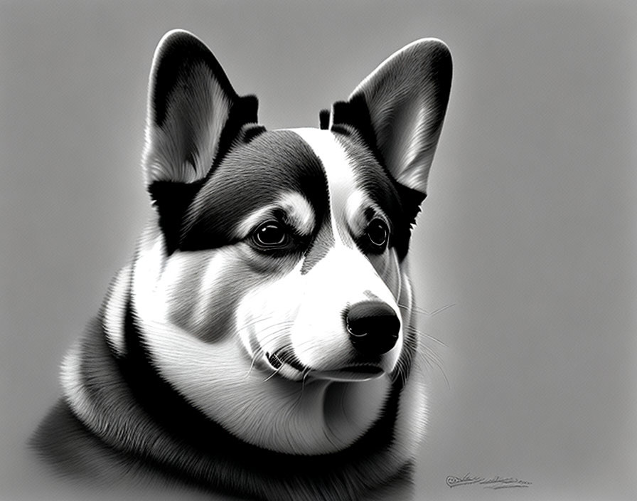 Grayscale digital portrait of alert Corgi with detailed fur texture