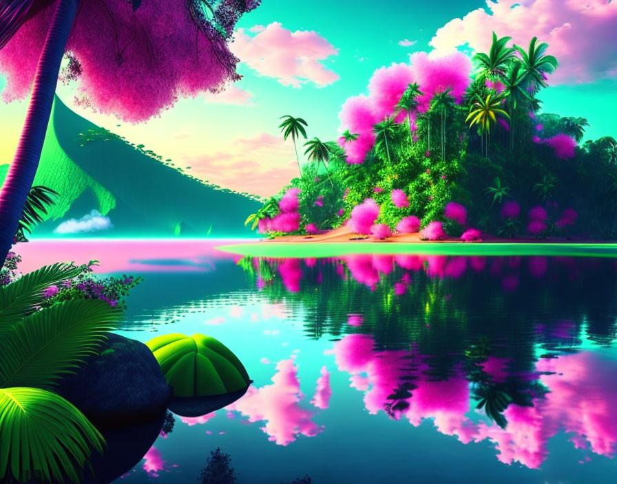 Colorful Tropical Landscape with Neon Pink Foliage and Cyan Sky