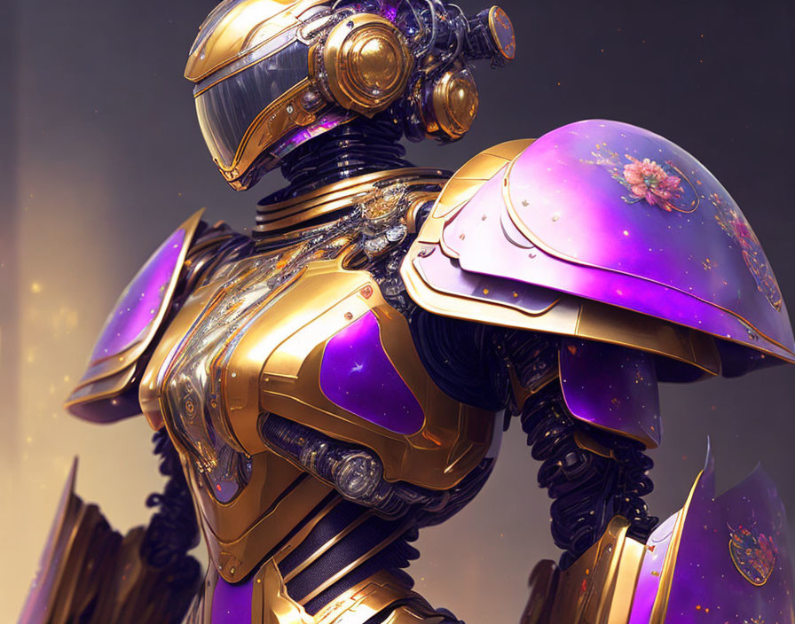 Detailed robot with golden and purple armor and floral designs on warm-toned background