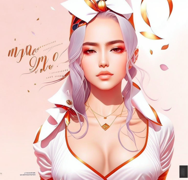 Illustrated portrait of female figure with lavender hair and red makeup in white and orange outfit on pink backdrop