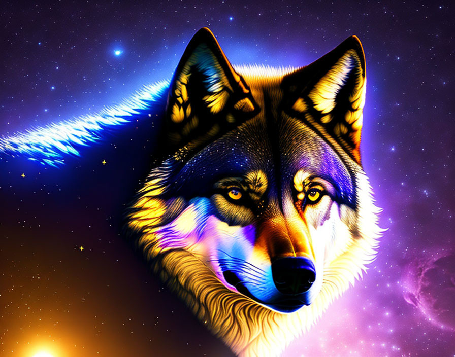 Colorful Wolf Artwork with Cosmic Background