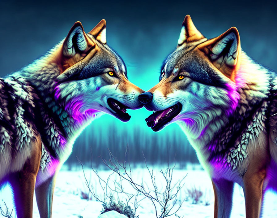 Vibrant digitally-enhanced wolves in winter scene