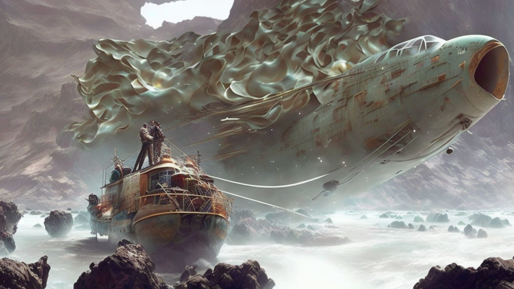 Surreal shipwreck scene with flowing scarf-like structure and two figures