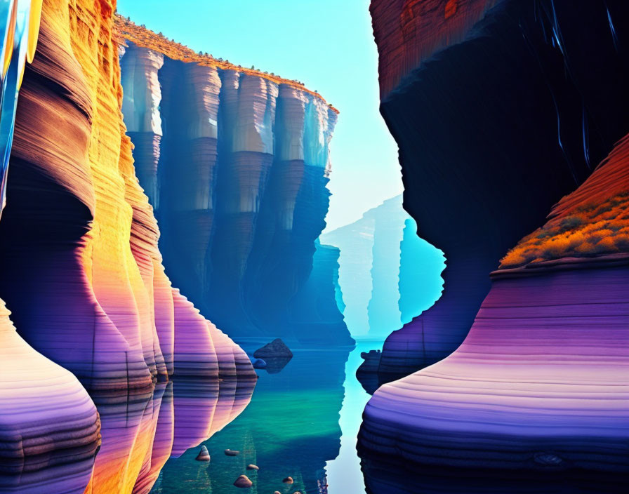 Scenic canyon with layered rock formations and tranquil water.