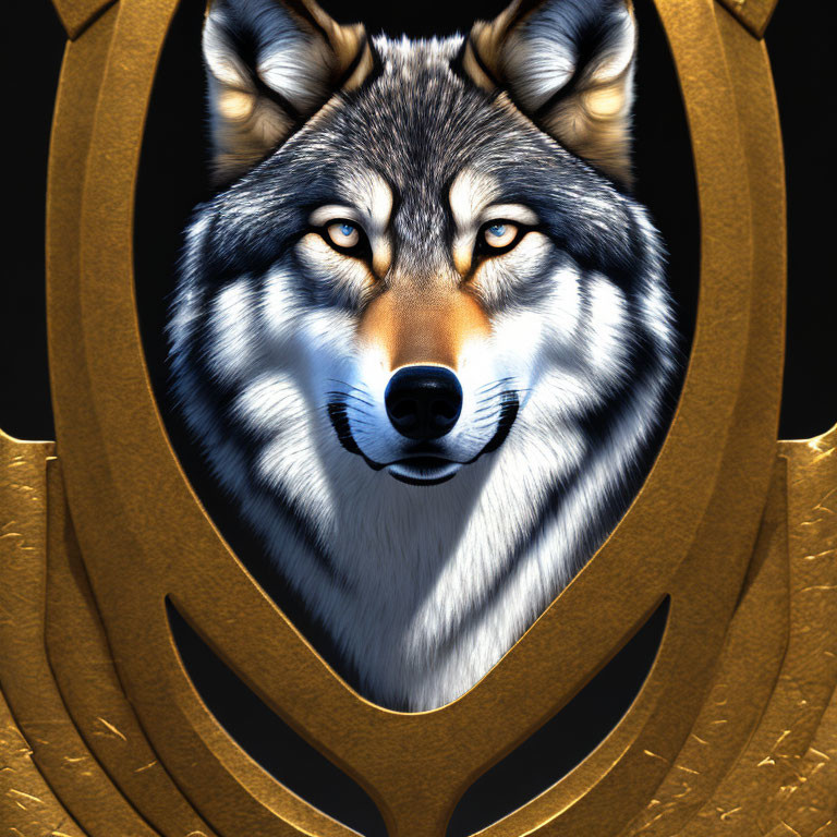 Detailed digital wolf head illustration with piercing eyes on ornate golden emblem.