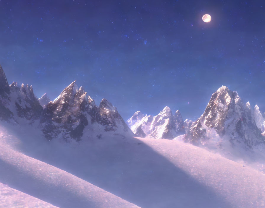 Snow-covered peaks under starry sky and glowing moon