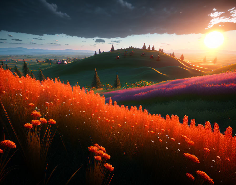 Colorful Sunset Over Rolling Hills with Wildflowers and Lavender Fields