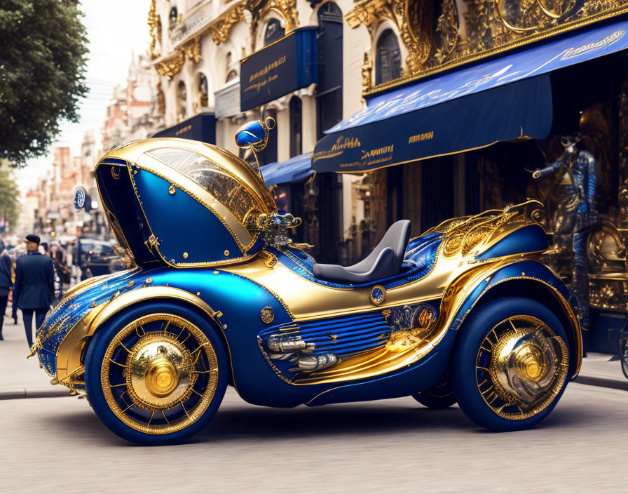 Luxurious Blue and Gold Futuristic Car on Elegant City Street