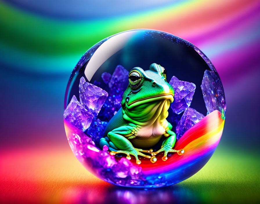 Colorful Digital Art: Frog in Bubble with Crystals & Rainbow