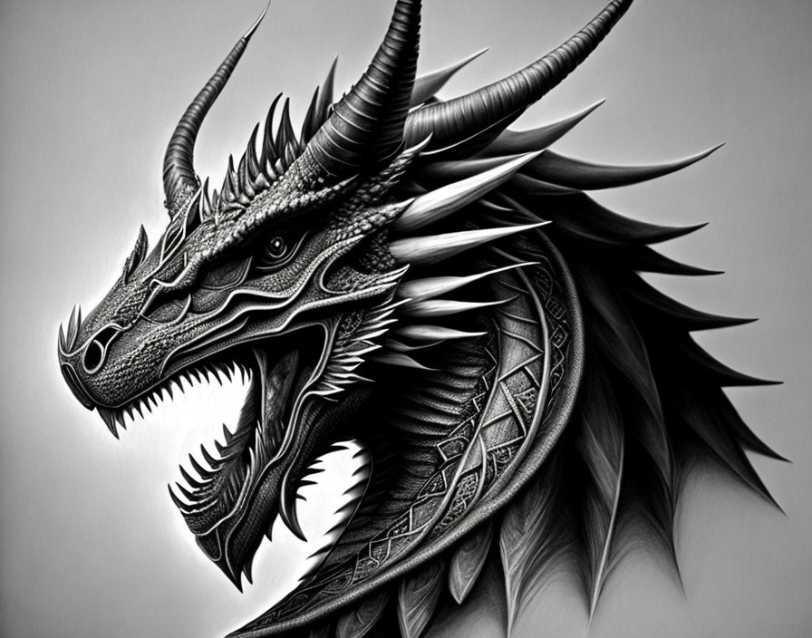 Detailed monochrome dragon illustration with prominent horns and scales on a grey backdrop