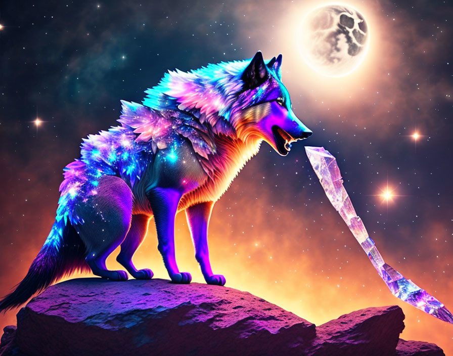 Iridescent wolf with glowing crystal under moonlit sky