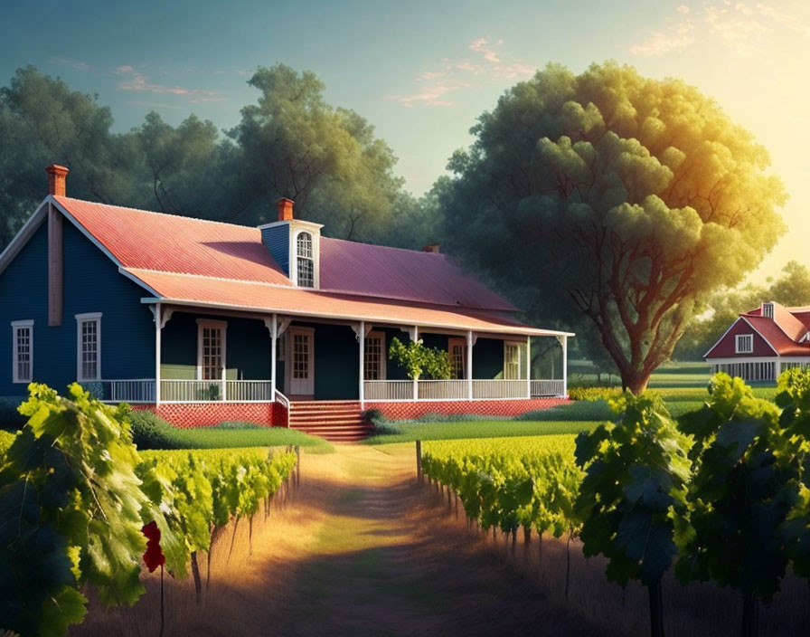 Blue Country House with Red Roof Surrounded by Vineyard