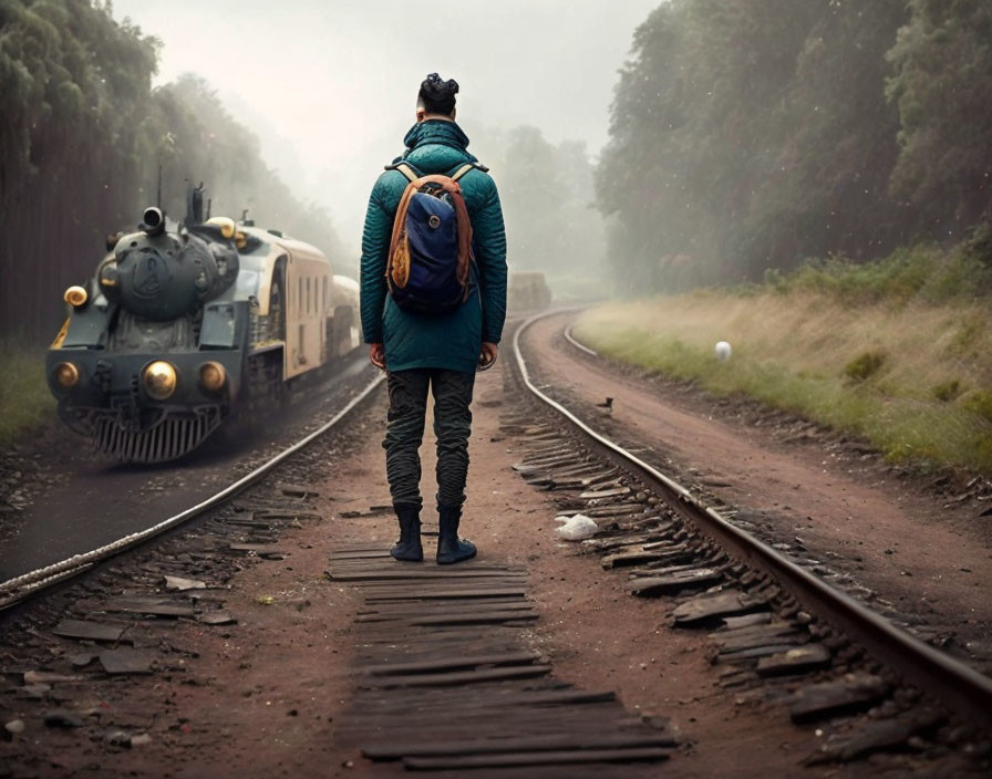 Person on misty railway track with approaching train, jacket, backpack.