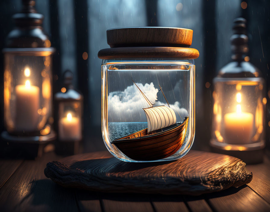 Miniature ship in glass jar on wooden surface with candles and lanterns in rainy setting