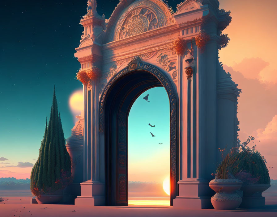 Ornate archway framing serene sunset sky with soaring birds