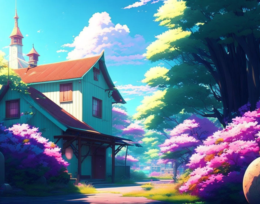 Colorful illustration: Green house with tower, trees, pink flowers, blue sky