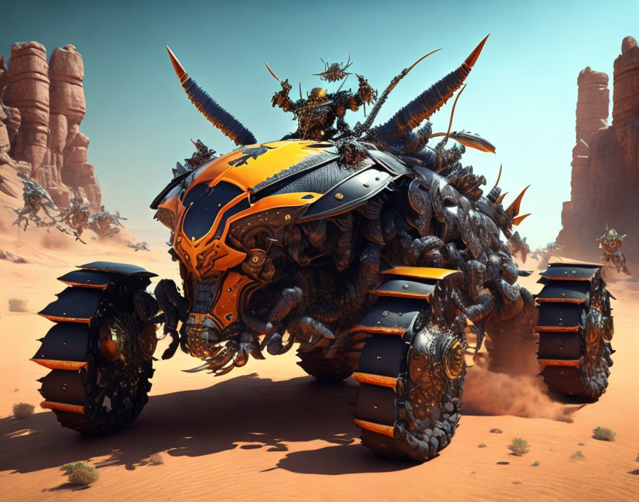 Armored beetle-like vehicle in desert with riders and another vehicle.