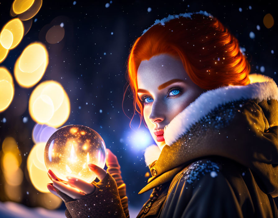 Red-haired woman with glowing orb in snowy night scene