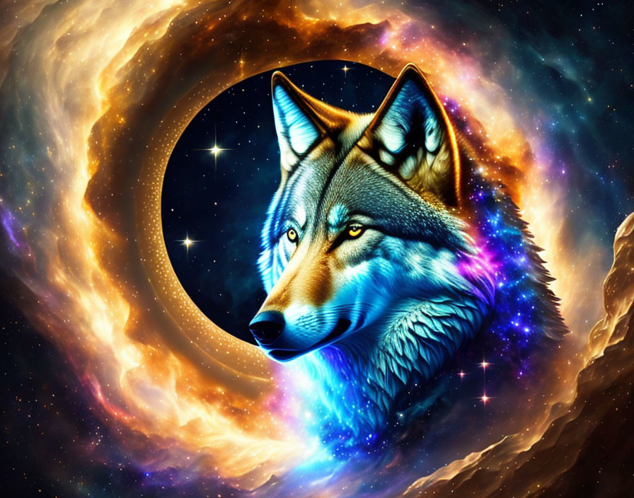 Wolf's head on cosmic background with galaxies and stars.