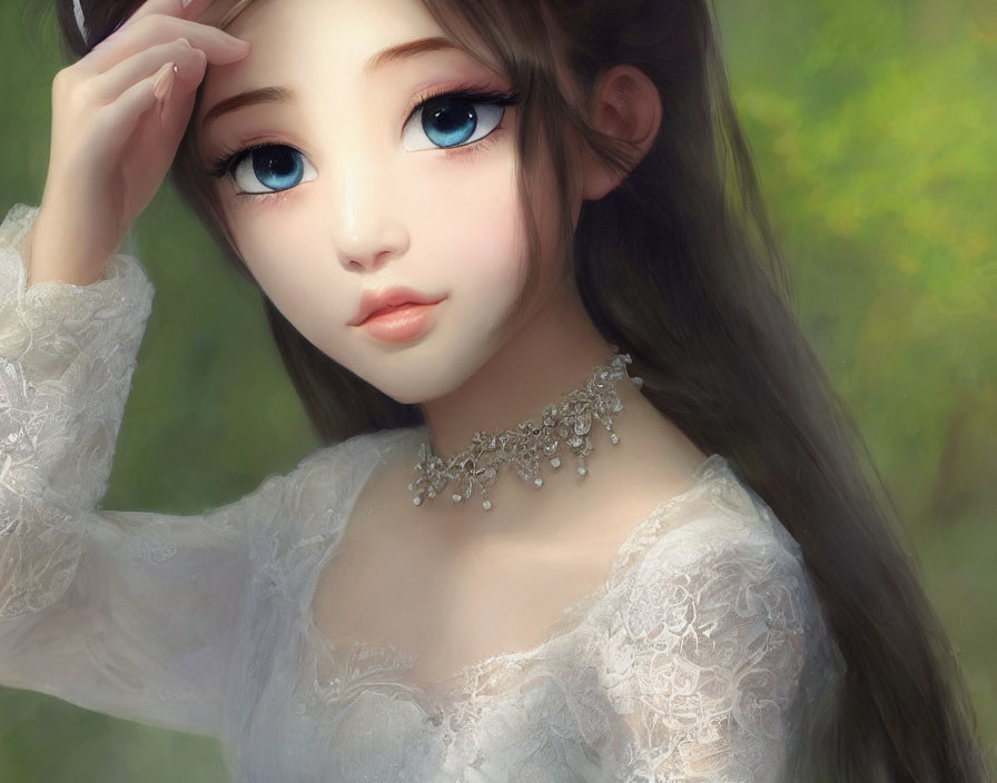 Detailed digital painting of girl with large blue eyes in lace dress against green backdrop