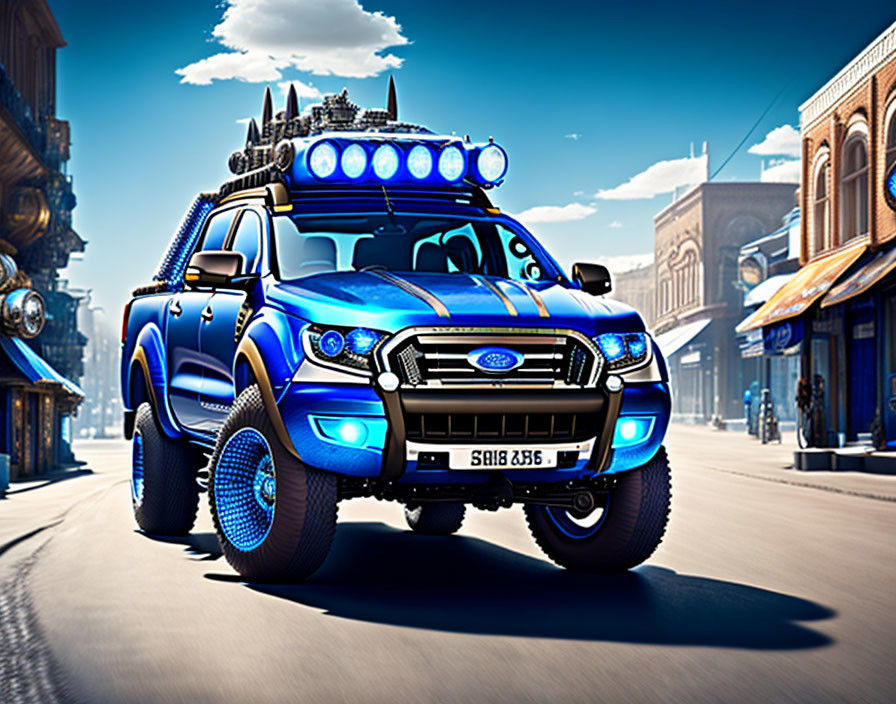 Blue Ford Truck with Off-Road Accessories in Urban Setting