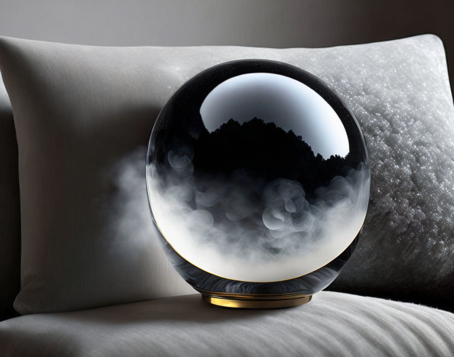 Translucent crystal ball with smoky clouds on brass stand on gray cushion