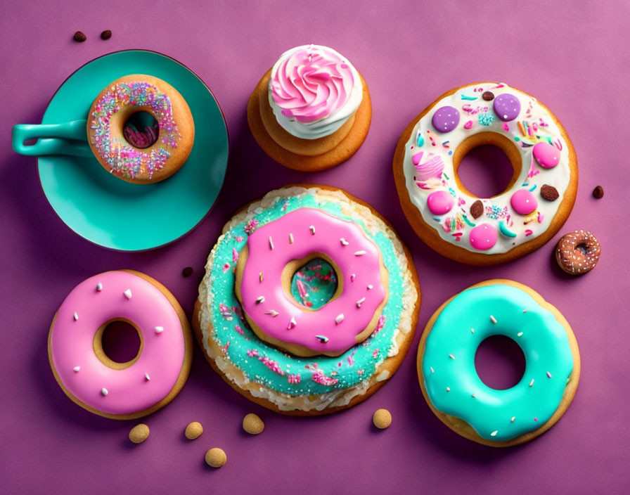 Colorful Donuts, Cupcake, and Coffee Cup on Purple Surface