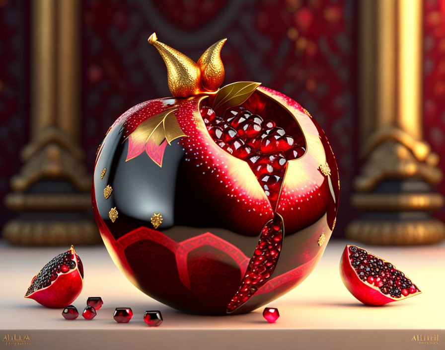 Ornate spherical pomegranate with seeds in opulent setting