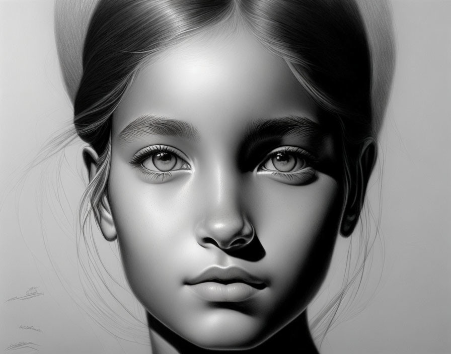 Detailed monochromatic digital portrait of young girl with serene expression