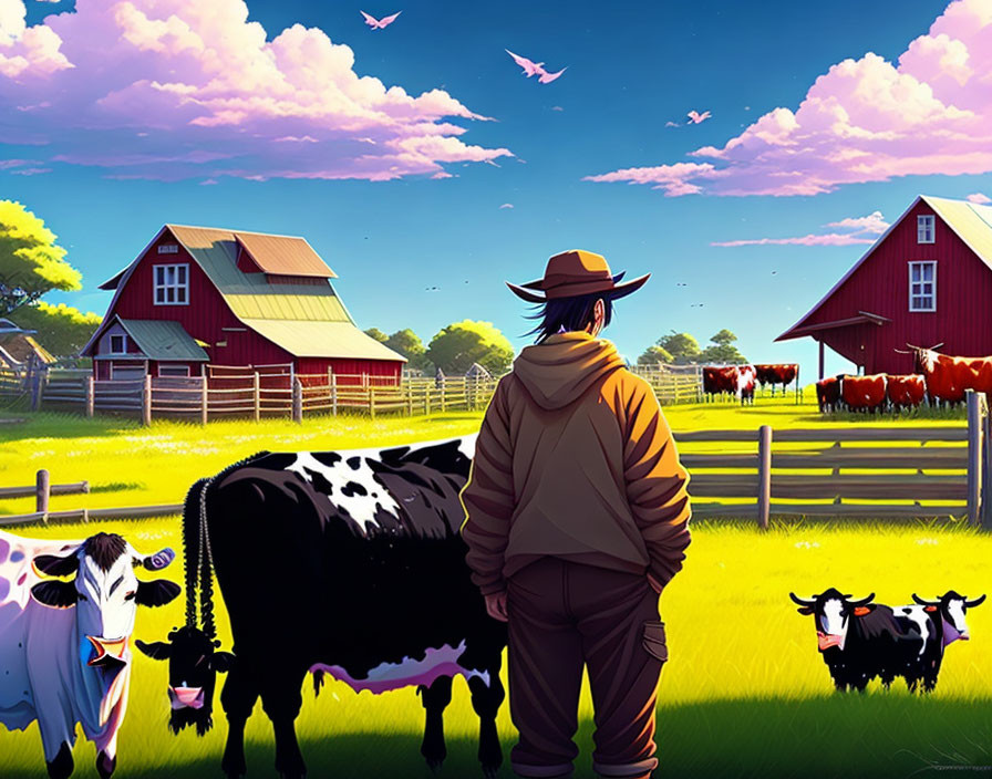 Illustration of person in hat and jacket admiring pastoral scene with cows, red barns, and