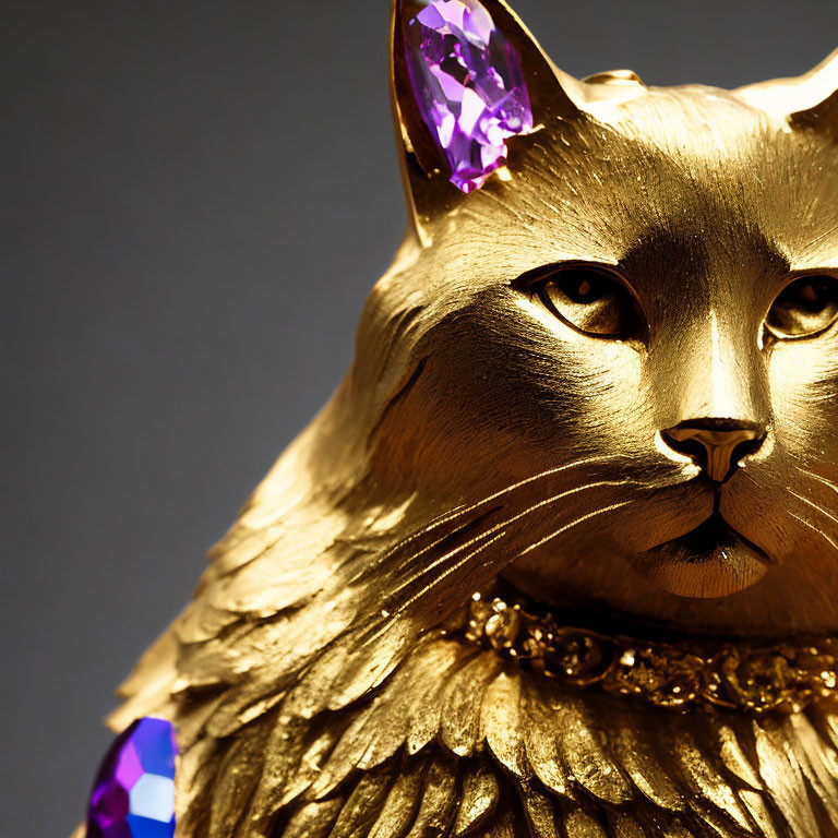 Golden Cat Sculpture with Purple Gemstone Eyes on Grey Background