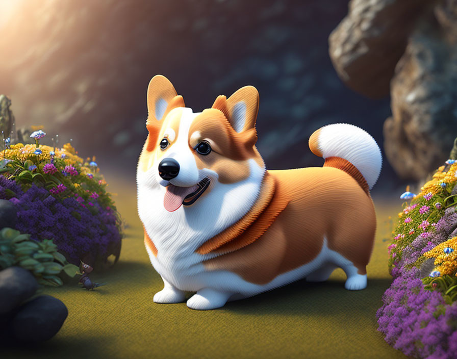 Smiling Corgi Dog in Garden with Flowers