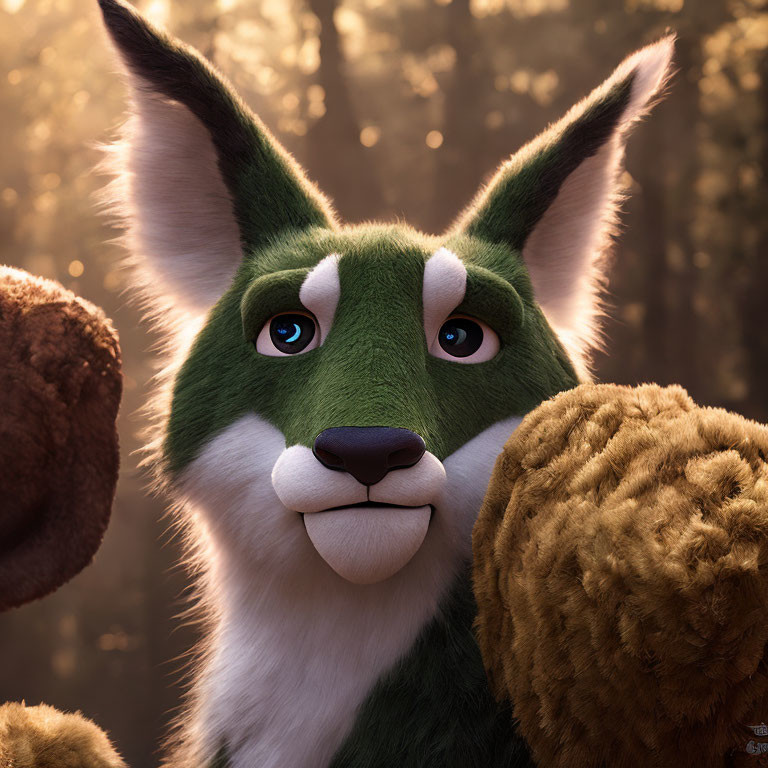 Detailed 3D animated character with green and white fur, blue eyes, and pointed ears holding a