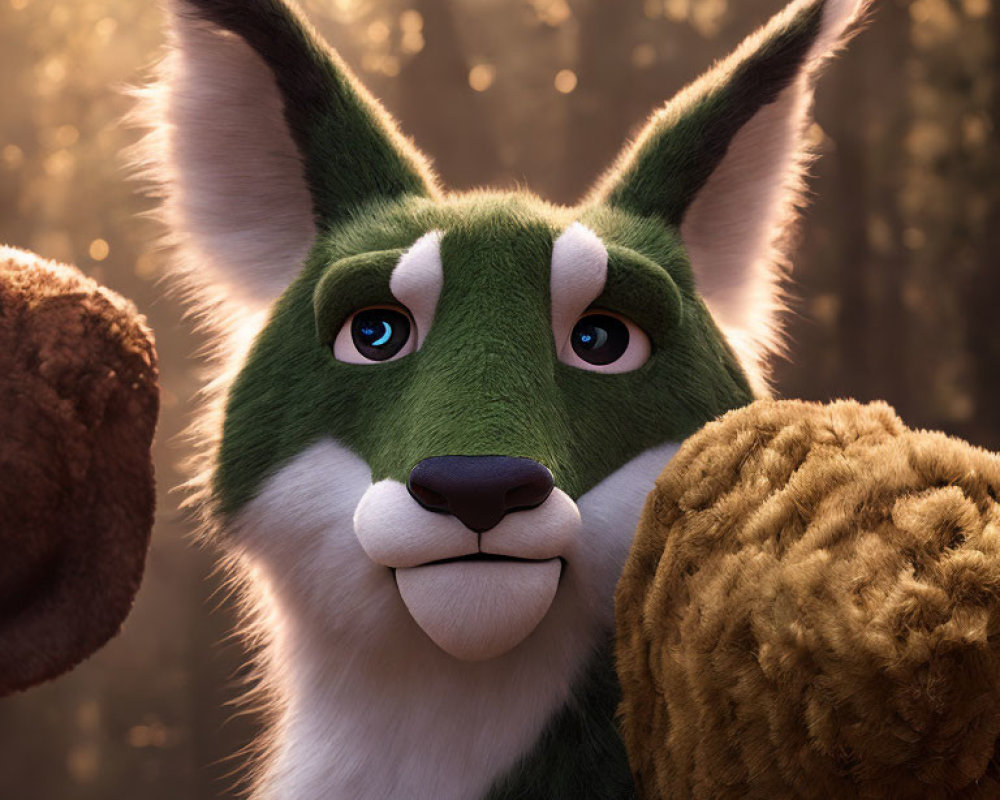 Detailed 3D animated character with green and white fur, blue eyes, and pointed ears holding a