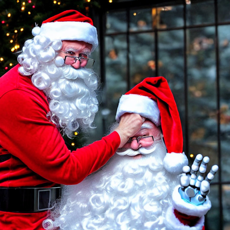 Santa Claus with robotic hand adjusts hat on festive background