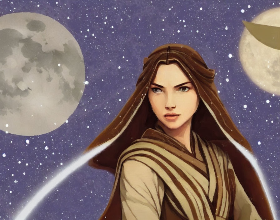 Detailed Illustration of Stern Woman in Brown Hair and Beige Jedi Robes