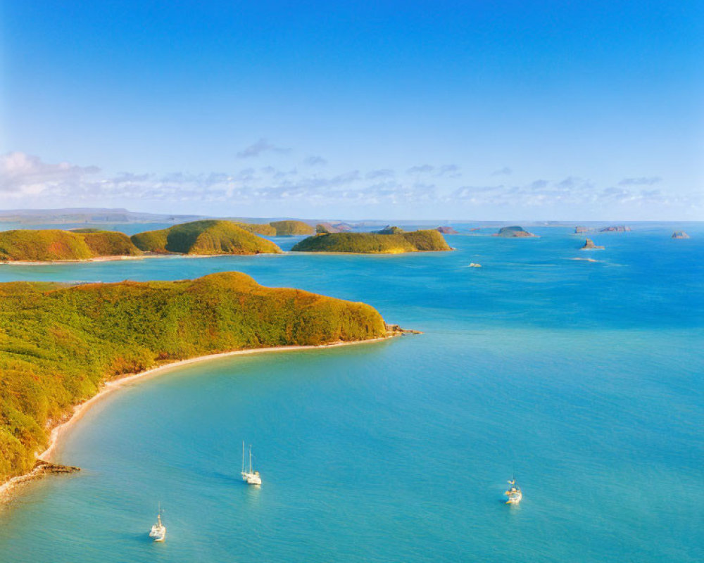 Serene Coastal Landscape with Boats in Turquoise Waters