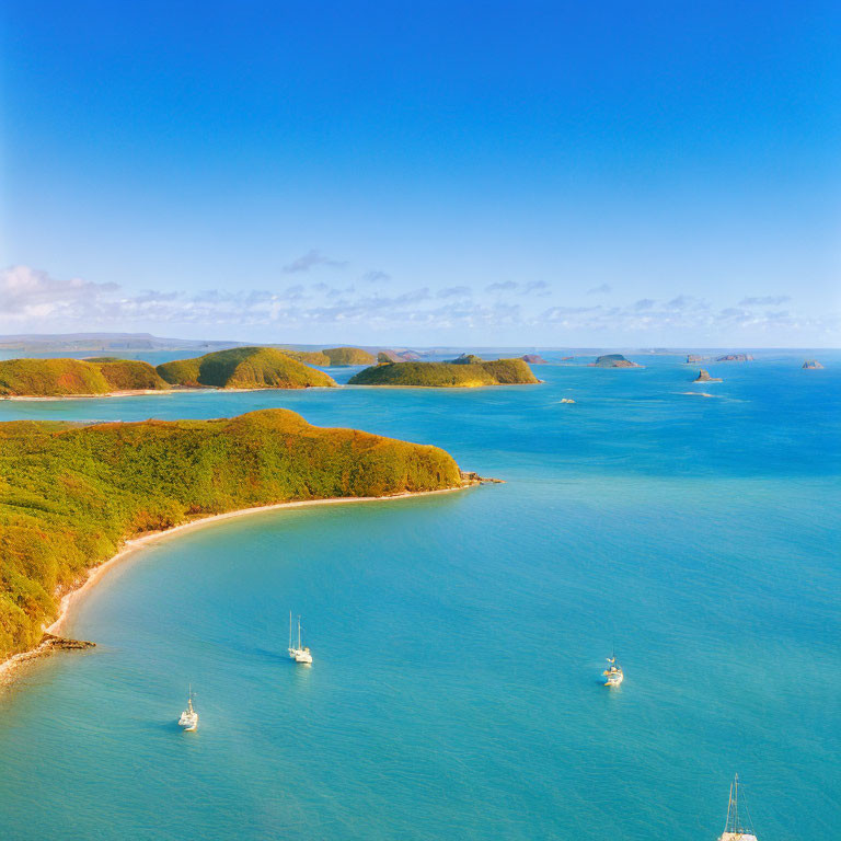 Serene Coastal Landscape with Boats in Turquoise Waters