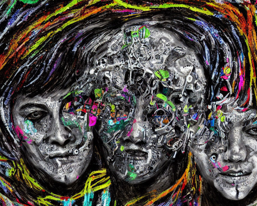 Colorful Abstract Artwork Featuring Three Expressive Faces on Dark Background