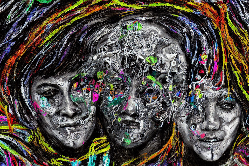 Colorful Abstract Artwork Featuring Three Expressive Faces on Dark Background