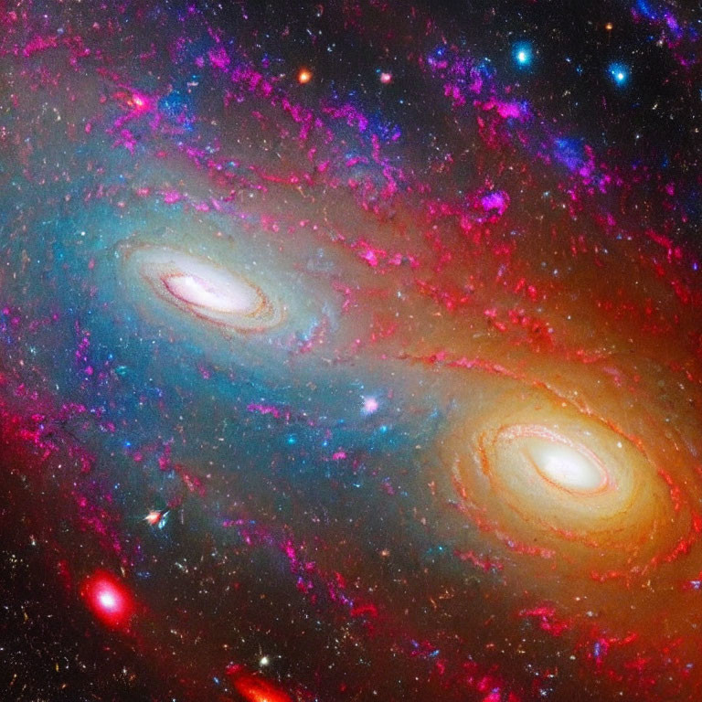 Vibrant blue and pink spiral galaxies in space.