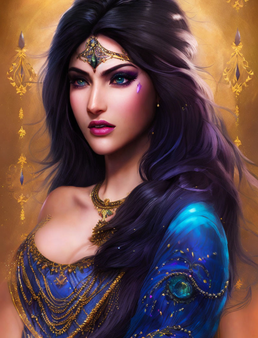 Digital art: Woman with purple hair, blue eyes, ornate outfit & peacock feather design