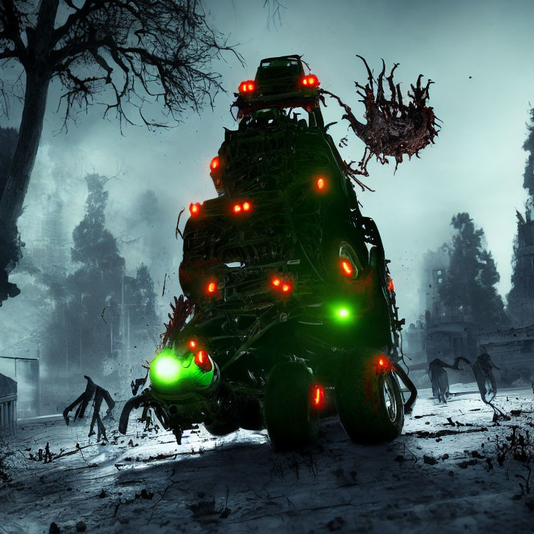 Menacing post-apocalyptic scene with armored vehicle, zombies, and snowy forest