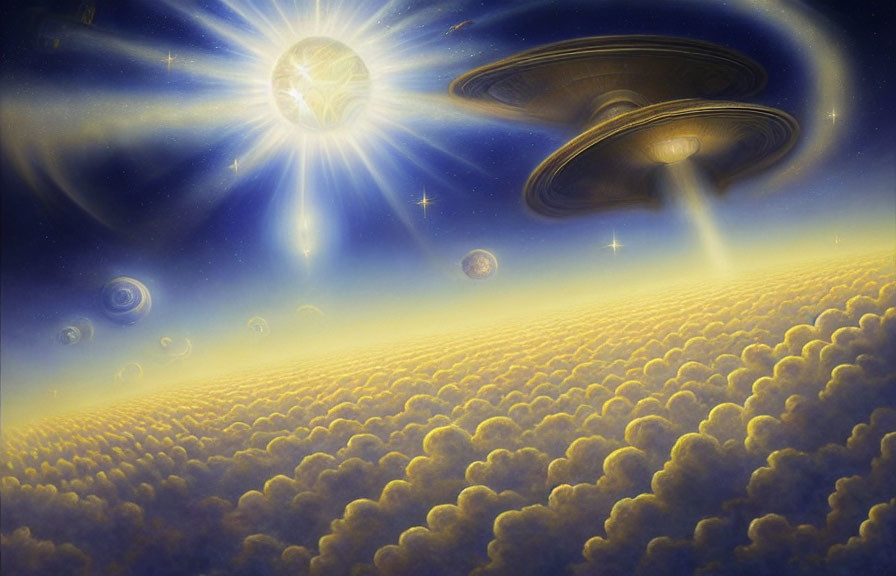 Celestial scene with spaceships above radiant star and planets