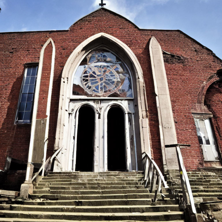 Ancient church with rosary window, brick pillars, and cross under clear sky