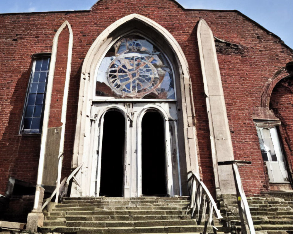 Ancient church with rosary window, brick pillars, and cross under clear sky