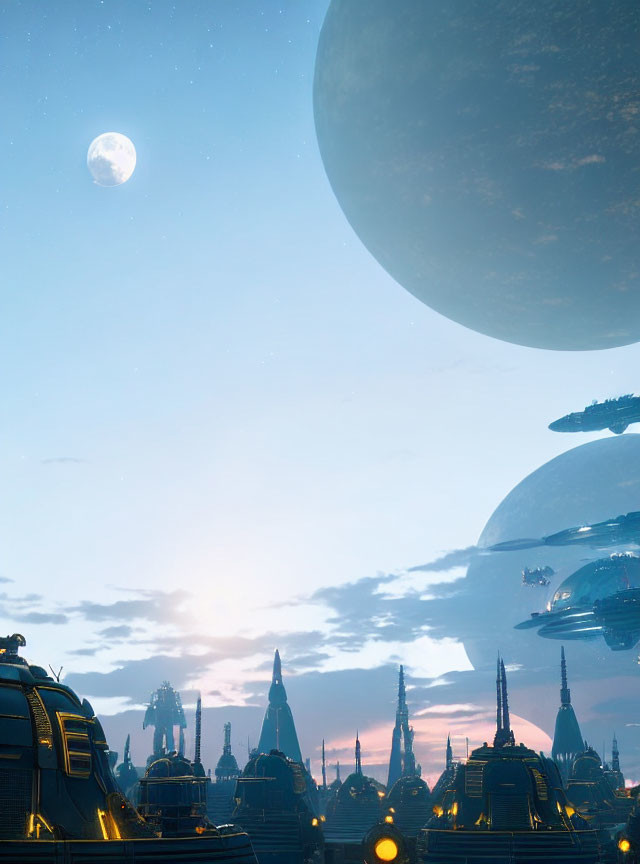 Futuristic cityscape at dusk with towering spires, moon, planet, and flying vehicles