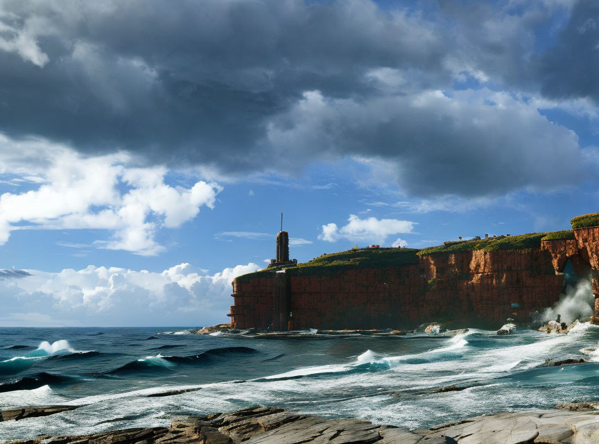 Lighthouse on Red Cliff Overlooking Turbulent Sea