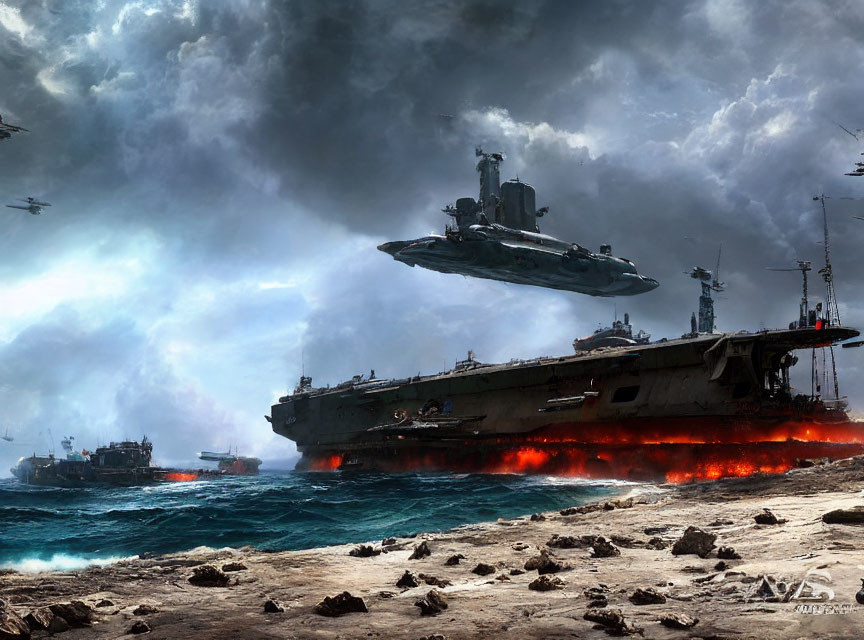 Futuristic naval battle scene with ships, aircraft, stormy sky, and red glowing sea