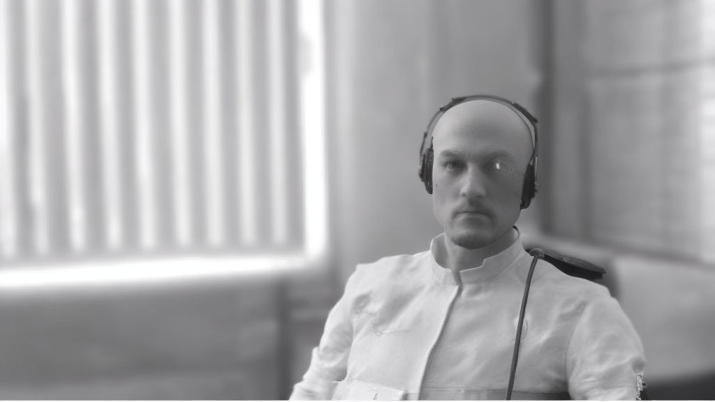 Man in headphones with focused expression near window in monochromatic filter